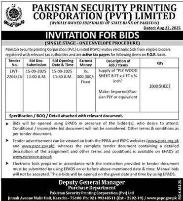 Pakistan Security Printing Corporation Private Limited Karachi Tender Notice